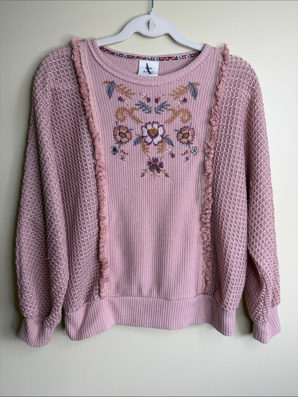 Knox Rose M Pink Floral Embroidered Mixed Knit Sweater Boho Cottagecore